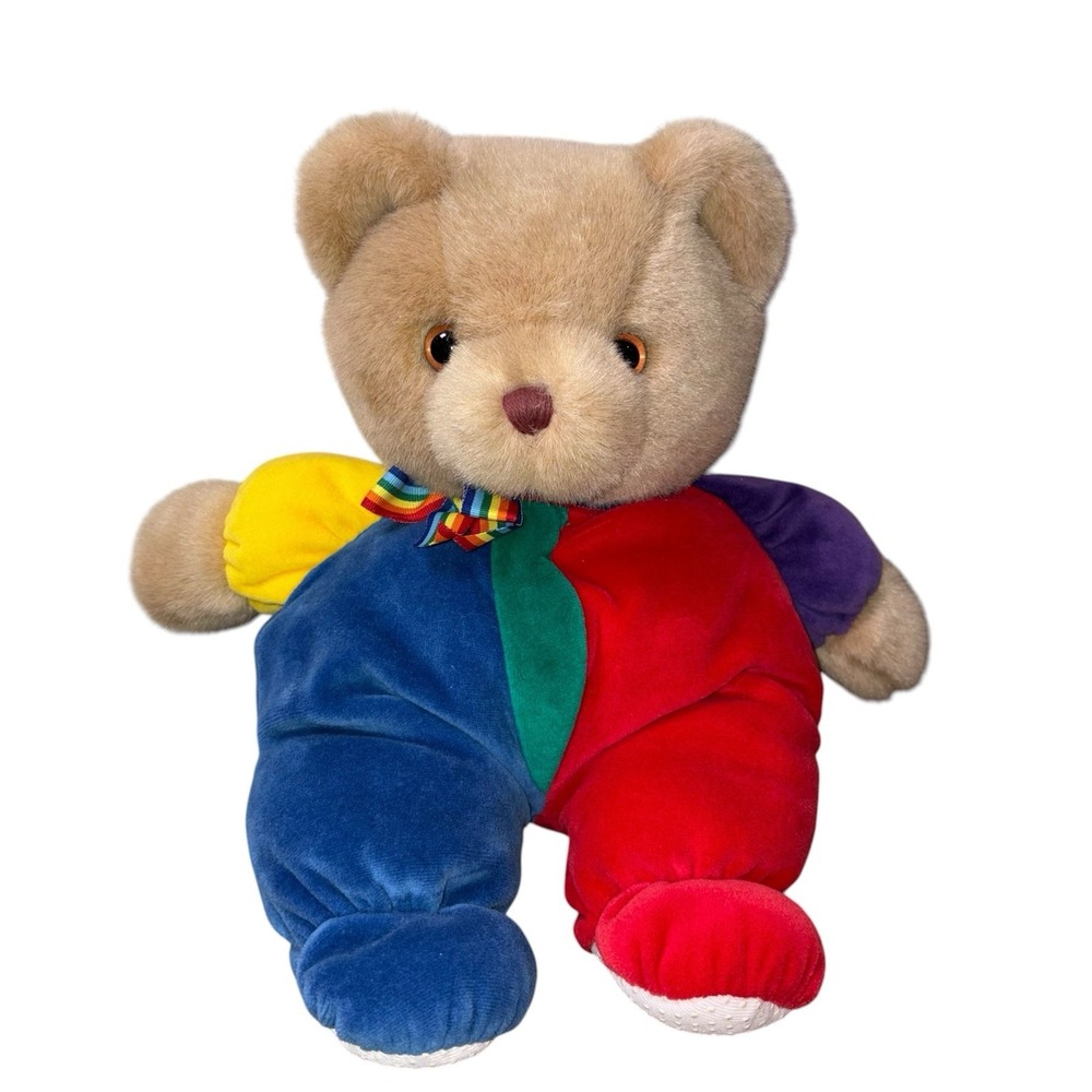 Vintage Eden Teddy Bear 13" Plush Primary Colors Rainbow Bow Velour Lovey RARE